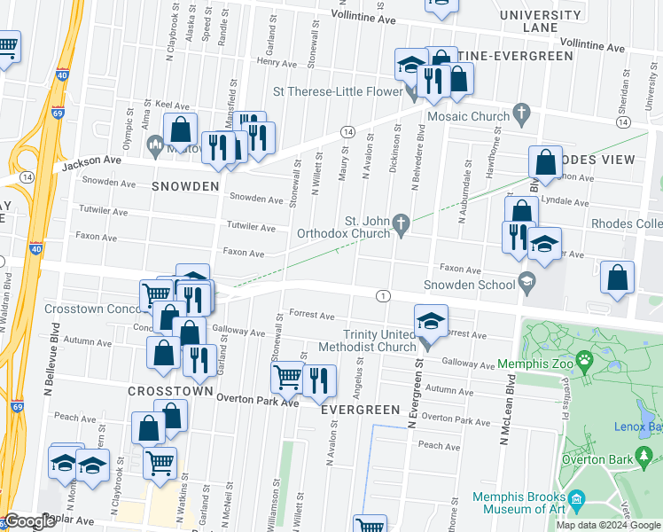 map of restaurants, bars, coffee shops, grocery stores, and more near 1586 North Parkway in Memphis