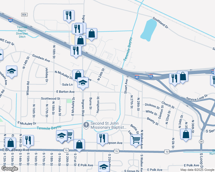 map of restaurants, bars, coffee shops, grocery stores, and more near 2412 East Barton Avenue in West Memphis
