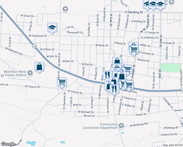 map of restaurants, bars, coffee shops, grocery stores, and more near 301 West Commerce Street in Morrilton