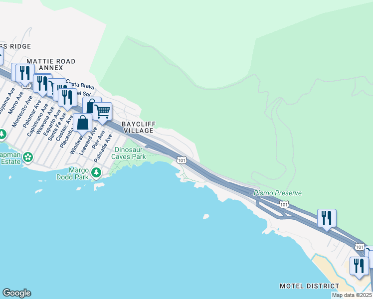 map of restaurants, bars, coffee shops, grocery stores, and more near 185 Foothill Road in Pismo Beach