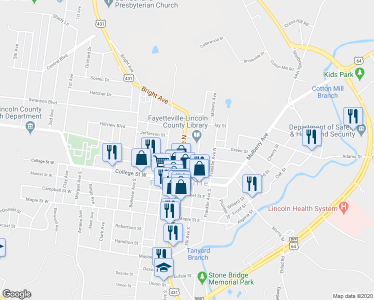 map of restaurants, bars, coffee shops, grocery stores, and more near 305 Main Avenue North in Fayetteville