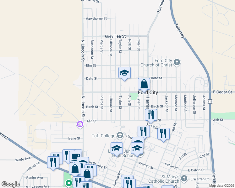map of restaurants, bars, coffee shops, grocery stores, and more near 218 Taylor Street in Taft
