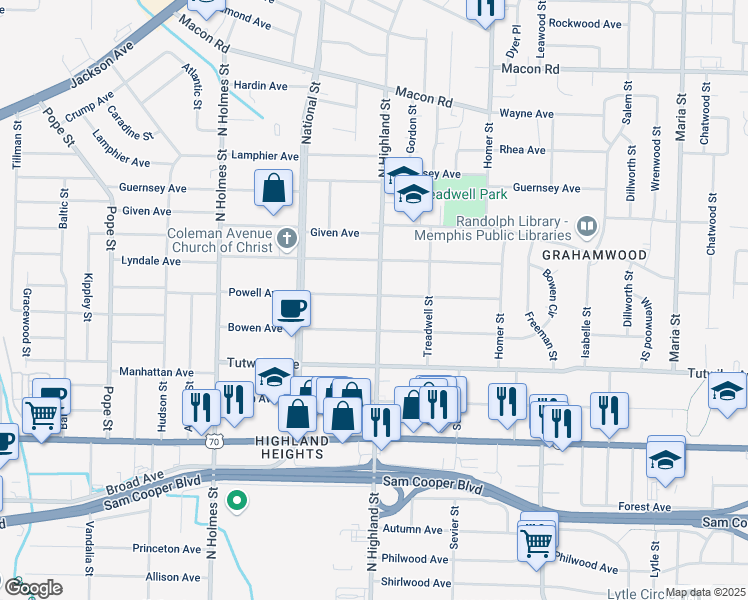 map of restaurants, bars, coffee shops, grocery stores, and more near 3491 Powell Avenue in Memphis