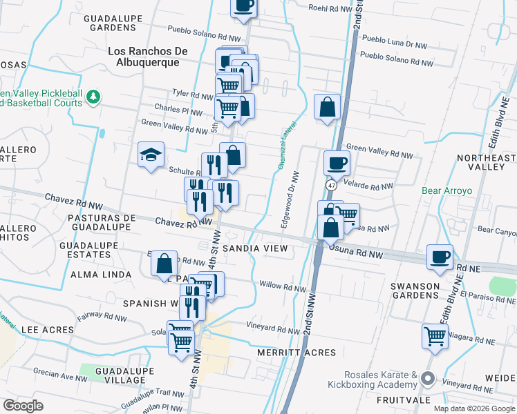 map of restaurants, bars, coffee shops, grocery stores, and more near 332 Nara Visa Road Northwest in Los Ranchos de Albuquerque