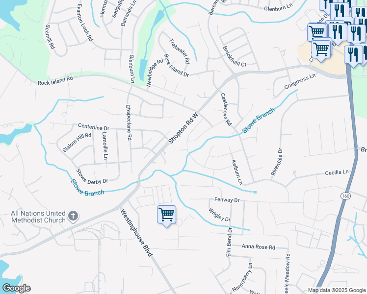 map of restaurants, bars, coffee shops, grocery stores, and more near 7203 Agnew Drive in Charlotte