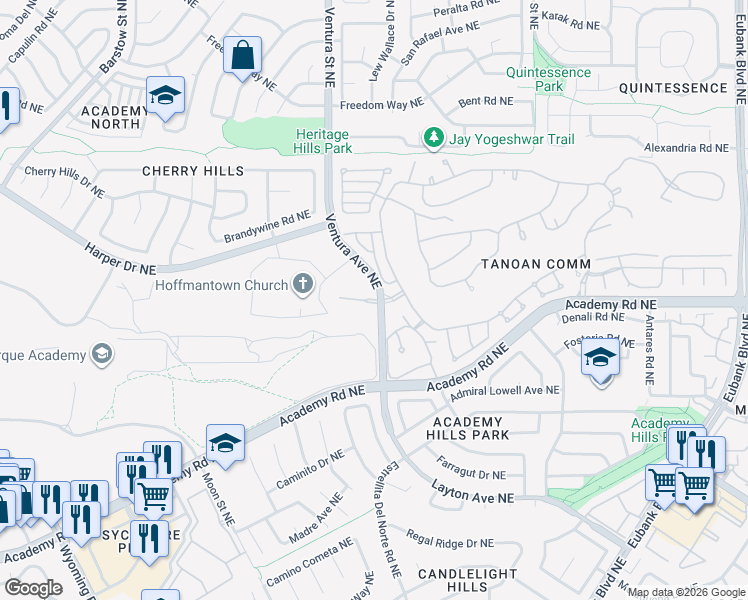 map of restaurants, bars, coffee shops, grocery stores, and more near Road Northeast in Albuquerque