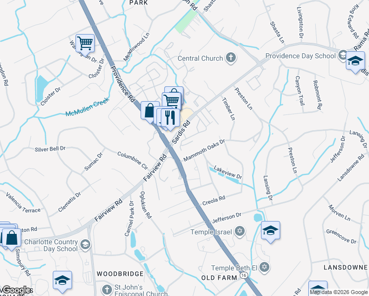 map of restaurants, bars, coffee shops, grocery stores, and more near 4948 Sardis Road in Charlotte
