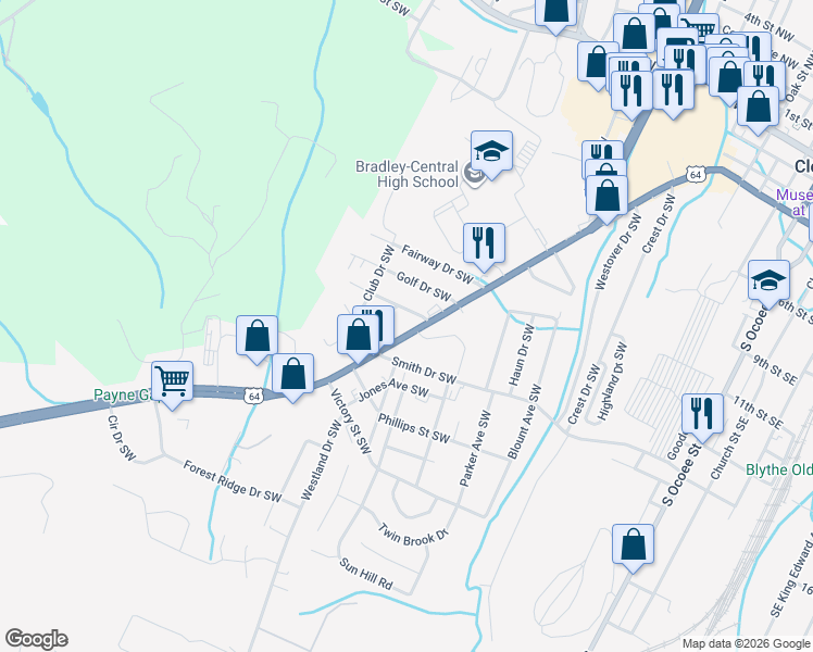 map of restaurants, bars, coffee shops, grocery stores, and more near 1306 South Lee Highway in Cleveland