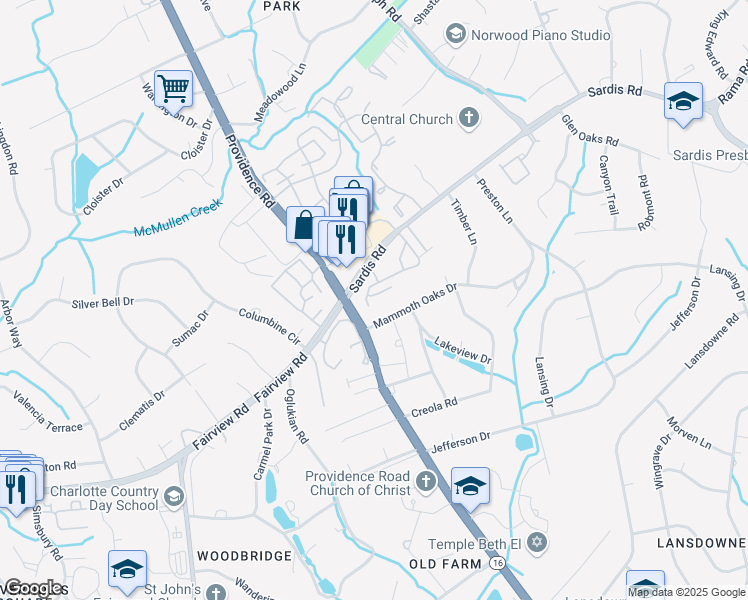 map of restaurants, bars, coffee shops, grocery stores, and more near 4936 Sardis Road in Charlotte