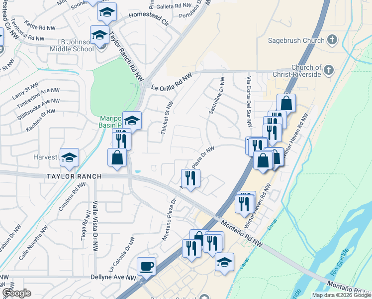 map of restaurants, bars, coffee shops, grocery stores, and more near 6104 Medford Court Northwest in Albuquerque