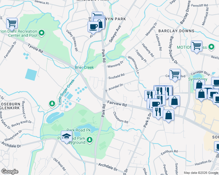 map of restaurants, bars, coffee shops, grocery stores, and more near in Charlotte