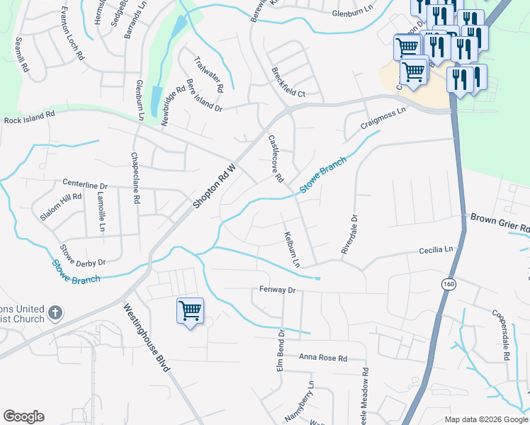 map of restaurants, bars, coffee shops, grocery stores, and more near 10414 Paisley Abbey Lane in Charlotte