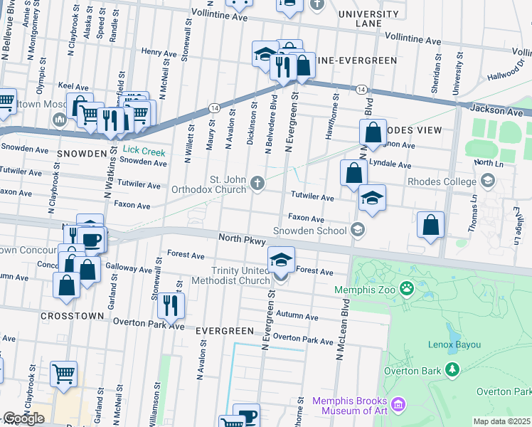 map of restaurants, bars, coffee shops, grocery stores, and more near 1673 Faxon Avenue in Memphis