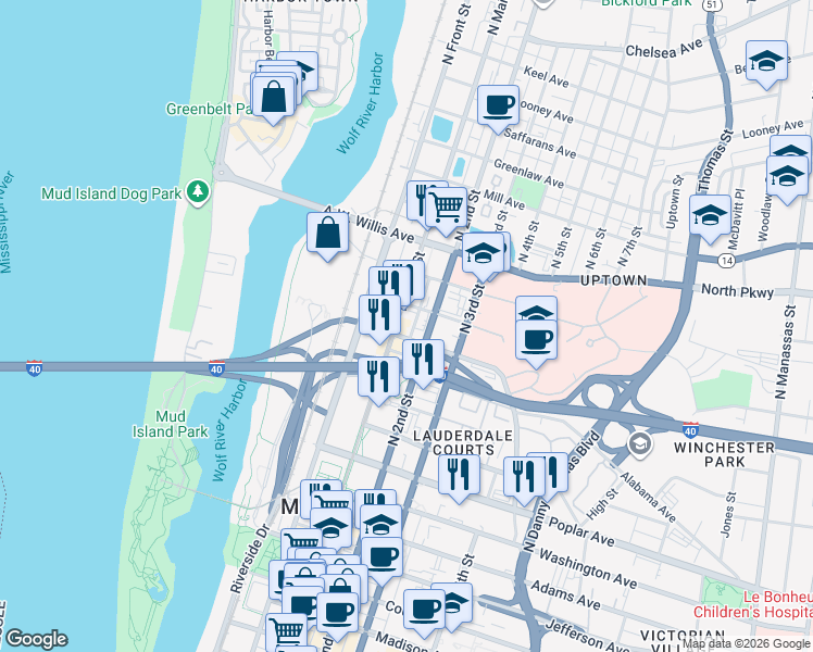 map of restaurants, bars, coffee shops, grocery stores, and more near 345 North 2nd Street in Memphis