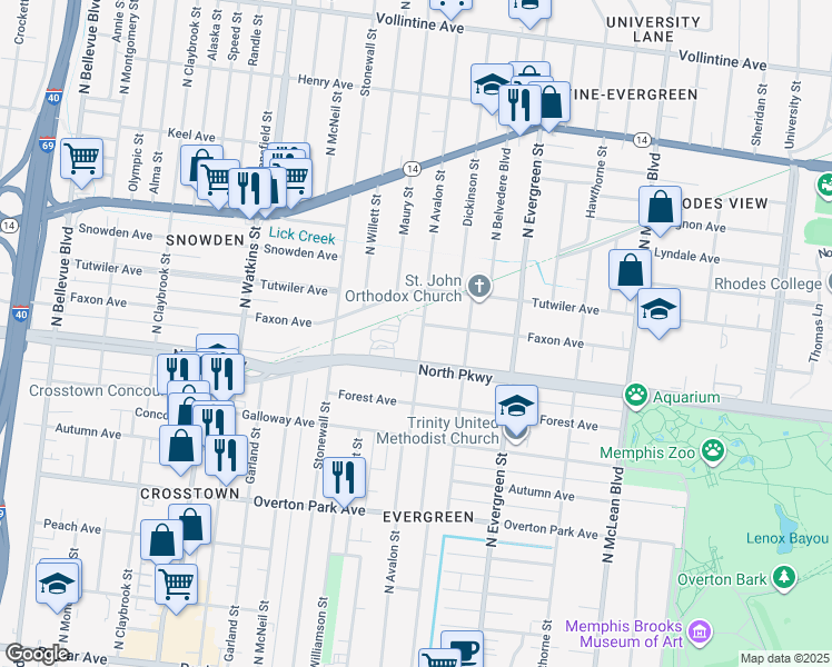 map of restaurants, bars, coffee shops, grocery stores, and more near 1586 North Parkway in Memphis
