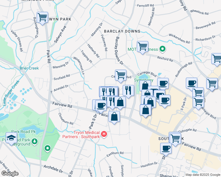 map of restaurants, bars, coffee shops, grocery stores, and more near 5720 Carnegie Boulevard in Charlotte