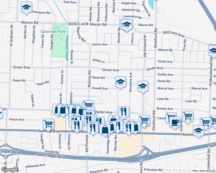map of restaurants, bars, coffee shops, grocery stores, and more near 4448 Powell Avenue in Memphis