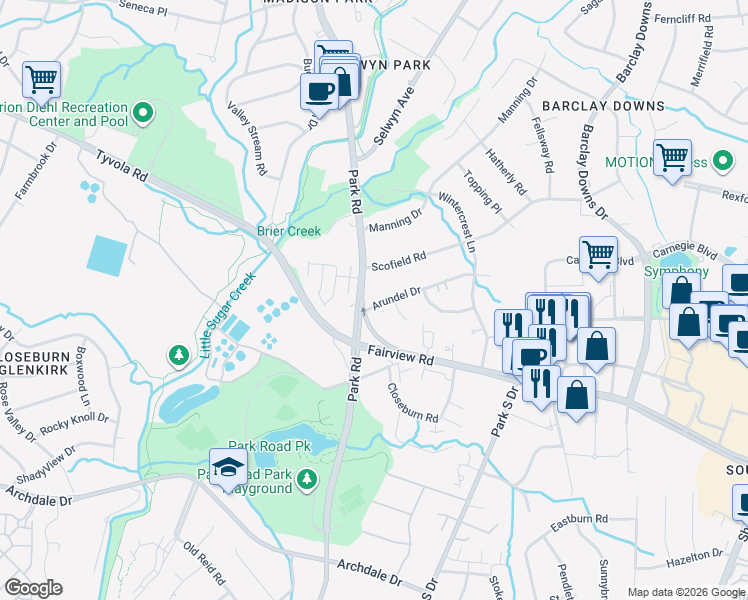 map of restaurants, bars, coffee shops, grocery stores, and more near in Charlotte