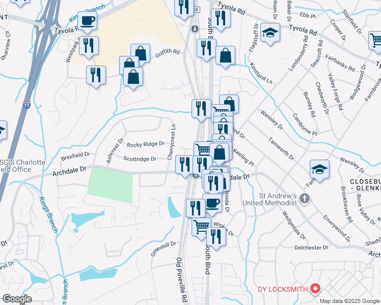 map of restaurants, bars, coffee shops, grocery stores, and more near 1223 Archdale Drive in Charlotte