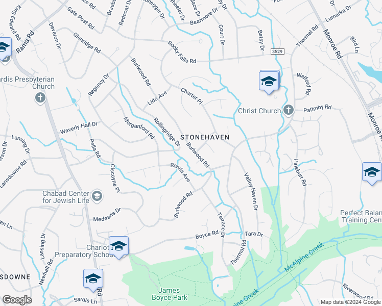 map of restaurants, bars, coffee shops, grocery stores, and more near 6736 Burlwood Road in Charlotte