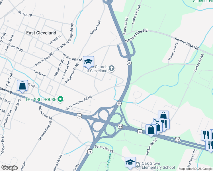 map of restaurants, bars, coffee shops, grocery stores, and more near 450 Old Powerline Rd NE in Cleveland