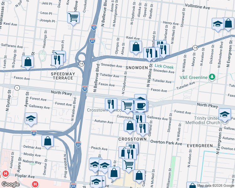 map of restaurants, bars, coffee shops, grocery stores, and more near 1276 North Parkway in Memphis