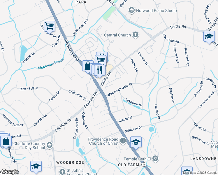 map of restaurants, bars, coffee shops, grocery stores, and more near 4948 Sardis Road in Charlotte
