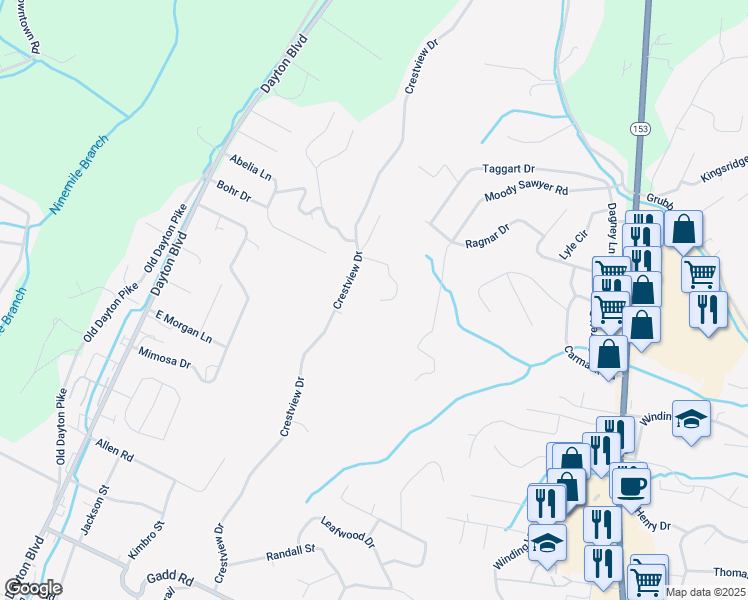 map of restaurants, bars, coffee shops, grocery stores, and more near 543 Ethyeylin Lane in Chattanooga