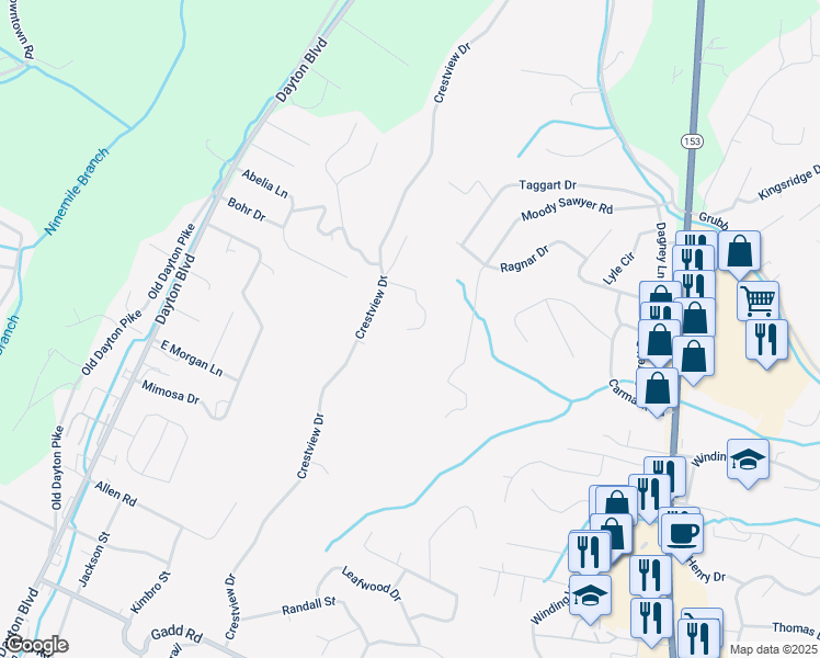 map of restaurants, bars, coffee shops, grocery stores, and more near 543 Ethyeylin Lane in Chattanooga