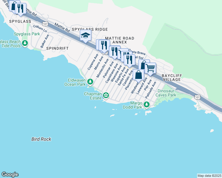 map of restaurants, bars, coffee shops, grocery stores, and more near 368 Santa Fe Avenue in Pismo Beach