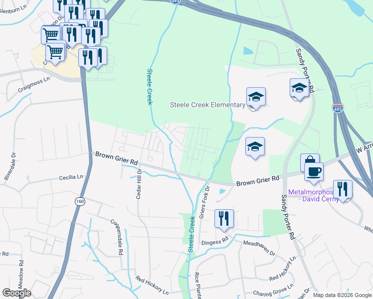 map of restaurants, bars, coffee shops, grocery stores, and more near 13631 Brown Grier Road in Charlotte