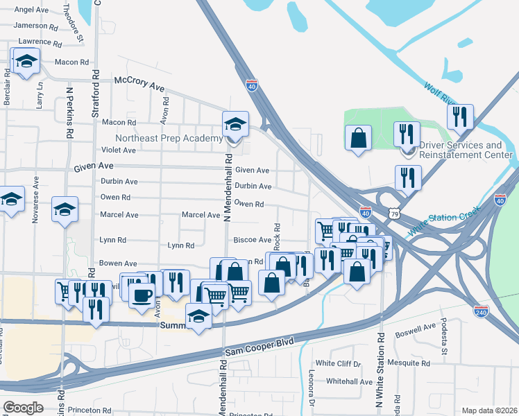 map of restaurants, bars, coffee shops, grocery stores, and more near 835 Rock Road in Memphis