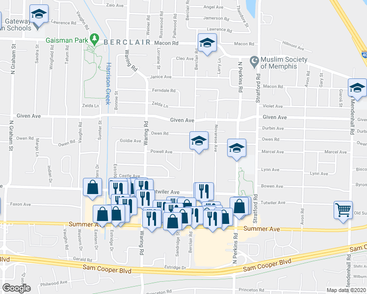 map of restaurants, bars, coffee shops, grocery stores, and more near 4447 Powell Avenue in Memphis