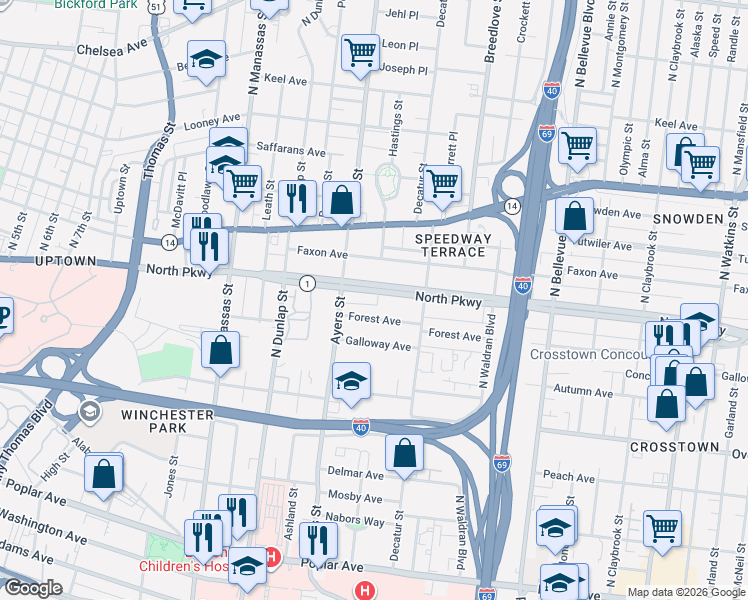 map of restaurants, bars, coffee shops, grocery stores, and more near 964 Forest Avenue in Memphis