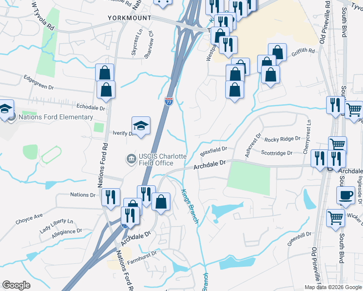 map of restaurants, bars, coffee shops, grocery stores, and more near 639 Archdale Drive in Charlotte