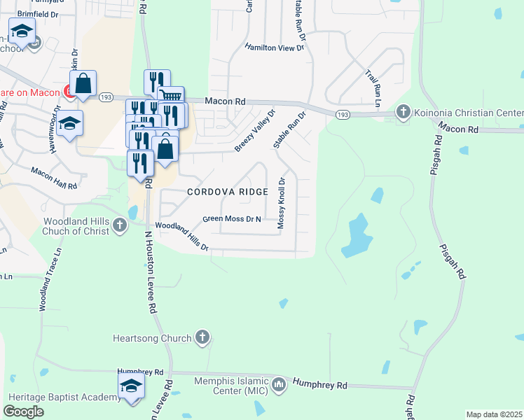 map of restaurants, bars, coffee shops, grocery stores, and more near 1071 Red Fern Circle East in Shelby County