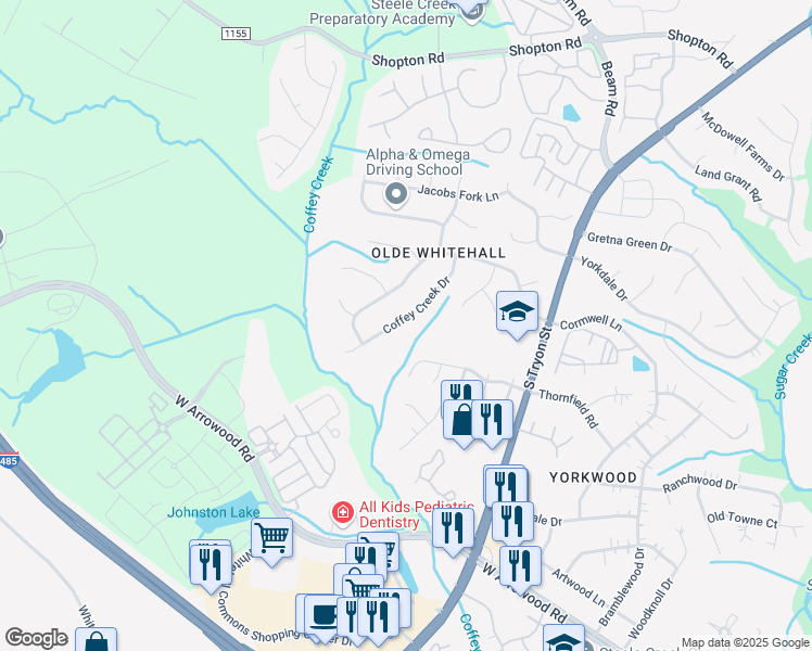 map of restaurants, bars, coffee shops, grocery stores, and more near 7601 Coffey Creek Drive in Charlotte