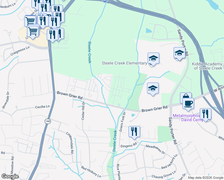map of restaurants, bars, coffee shops, grocery stores, and more near 13631 Brown Grier Road in Charlotte
