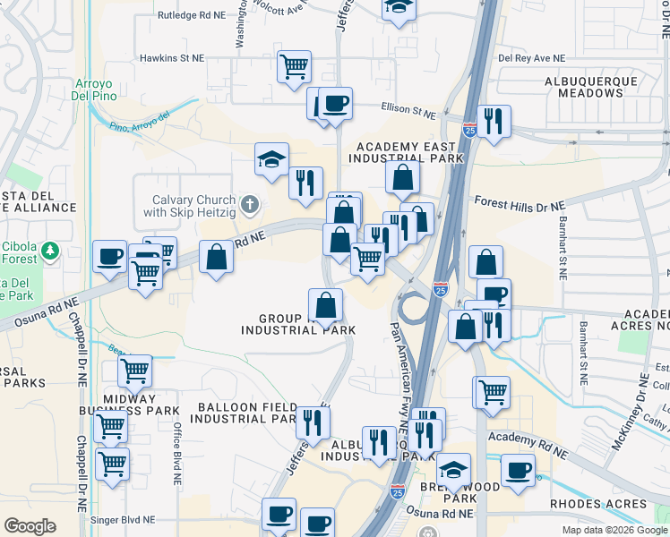 map of restaurants, bars, coffee shops, grocery stores, and more near 4400 Presidential Dr NE in Albuquerque