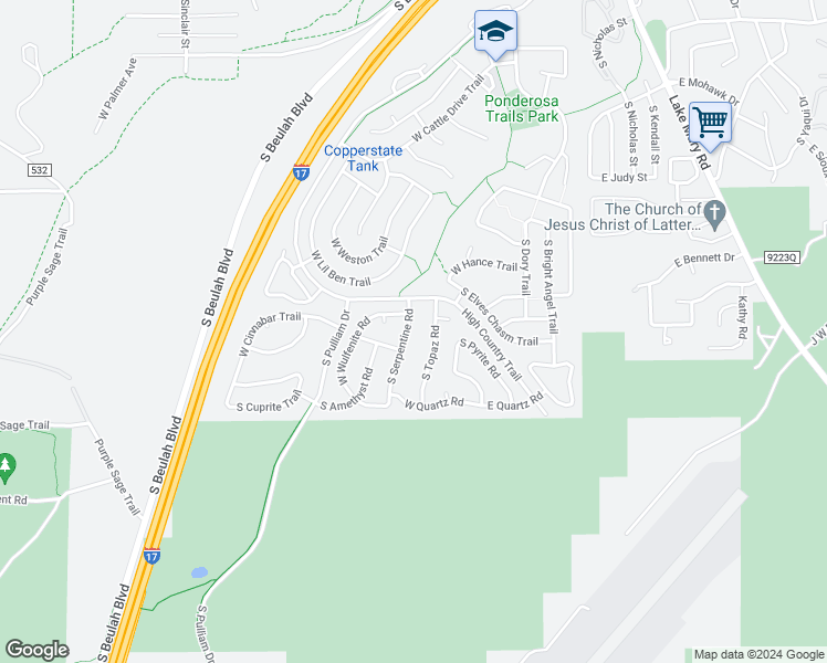 map of restaurants, bars, coffee shops, grocery stores, and more near 5002 South Serpentine Road in Flagstaff
