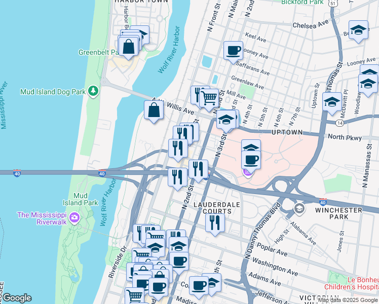map of restaurants, bars, coffee shops, grocery stores, and more near 338 North Main Street in Memphis