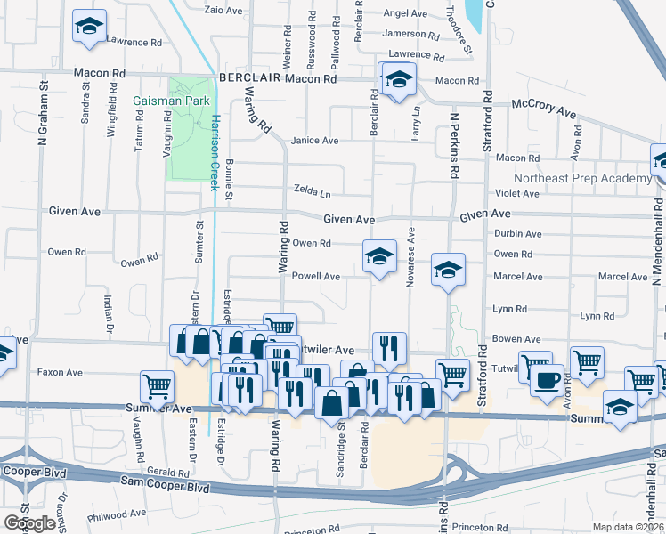 map of restaurants, bars, coffee shops, grocery stores, and more near 4428 Powell Avenue in Memphis