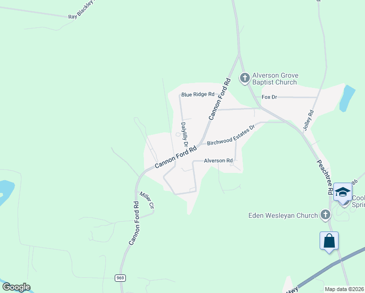 map of restaurants, bars, coffee shops, grocery stores, and more near 582 Cannon Ford Road in Inman