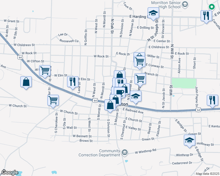 map of restaurants, bars, coffee shops, grocery stores, and more near 201 North Division Street in Morrilton