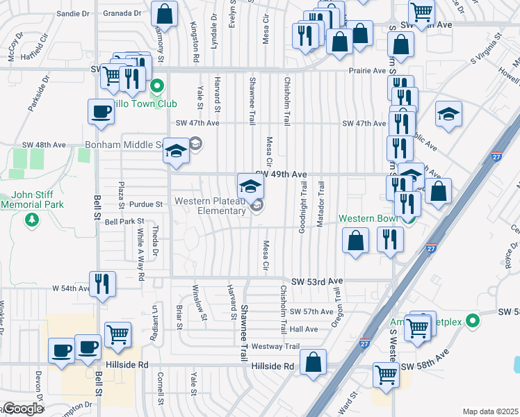 map of restaurants, bars, coffee shops, grocery stores, and more near 4927 Shawnee Trail in Amarillo
