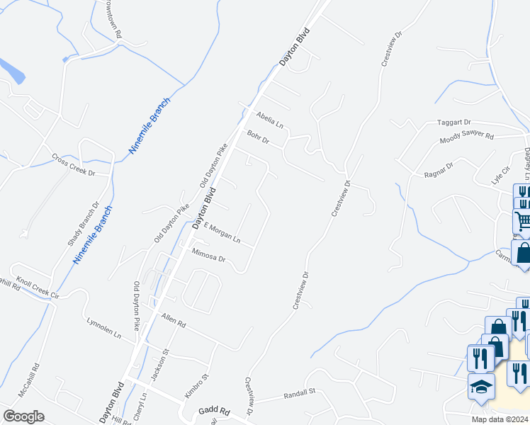 map of restaurants, bars, coffee shops, grocery stores, and more near 5727 North Morgan Lane in Chattanooga