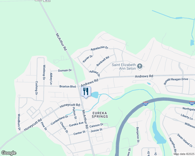 map of restaurants, bars, coffee shops, grocery stores, and more near 6603 Julliard Drive in Fayetteville