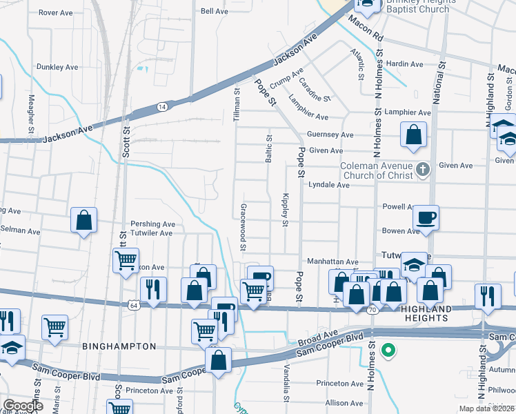 map of restaurants, bars, coffee shops, grocery stores, and more near 3069 Powell Avenue in Memphis