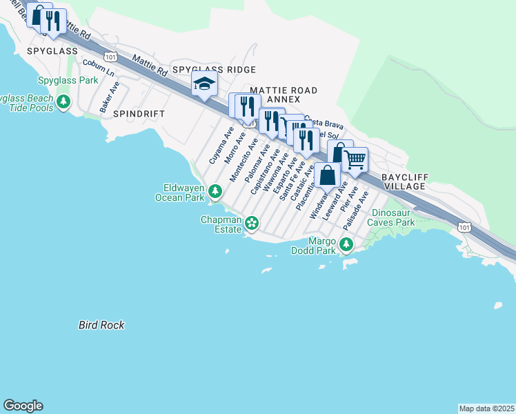 map of restaurants, bars, coffee shops, grocery stores, and more near 351 Wawona Avenue in Pismo Beach