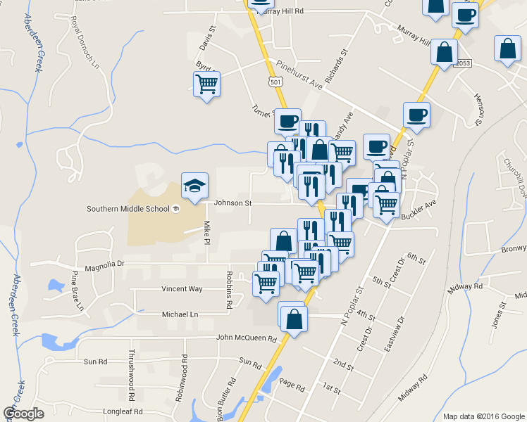 map of restaurants, bars, coffee shops, grocery stores, and more near 503 Johnson Street in Aberdeen